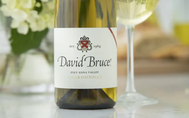 Close up of the David Bruce 2021 Edna Valley Chardonnay wine bottle label
